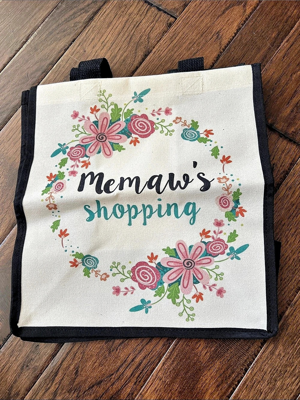 Mema's Shopping Floral canvas 15Tote in White & Black (Topchicab)